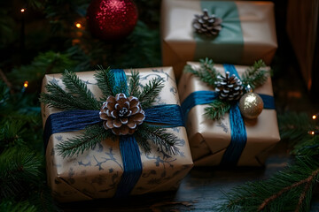 The Christmas gift boxes are decorated with festive decorations.