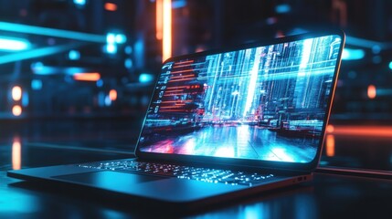 Leinwandbilder - Laptop Displaying a Futuristic Cityscape with Neon Lights