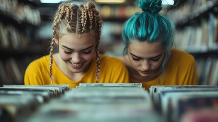 Two young women with colorful hairstyles browse through records in a library setting, showcasing youth, exploration, and the joy of discovering music together.