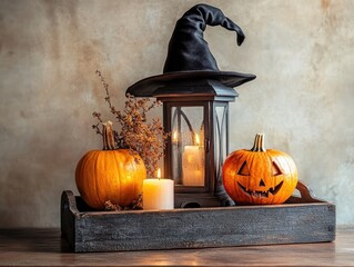 Canvas Print - Halloween home decor featuring pumpkins candles and lantern on wooden tray with witch s hat