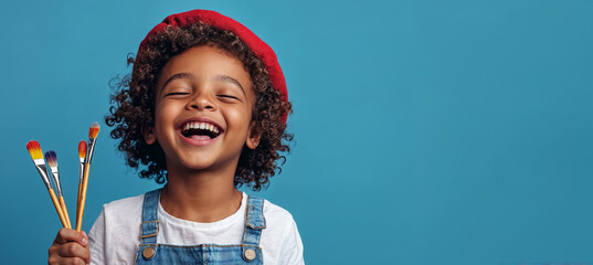 happy young boy holding paintbrushes in front of blue background, generative ai