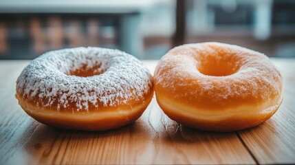 A pair of donuts sitting side by side on a wooden table, one covered in powdered sugar and the other in glaze.