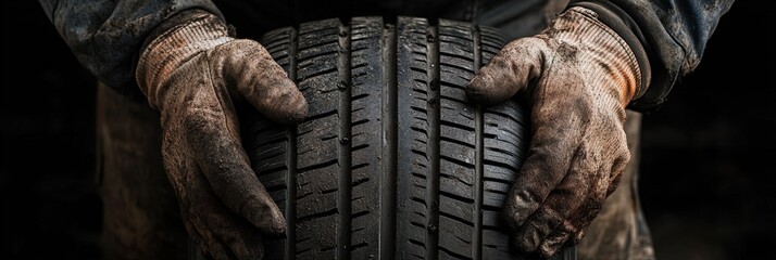 Wall Mural - Close-up of mechanic hands holding a new car tire at the shop, isolated on a black background