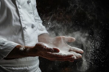 Chef clap white flour dust man hand on black background.