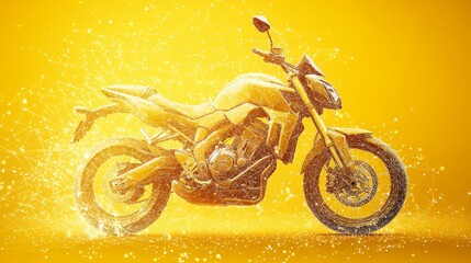 Poster - Golden, Digital Motorcycle on Abstract Background. Futuristic Two Wheeler Visualization.