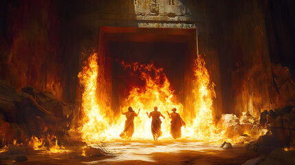 Wall Mural - the fiery furnace with shadrach, meshach, and abednego amidst flames