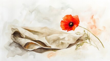 Sticker - Delicate watercolor depiction of a folded flag and a single red poppy in tribute to Armistice Day.