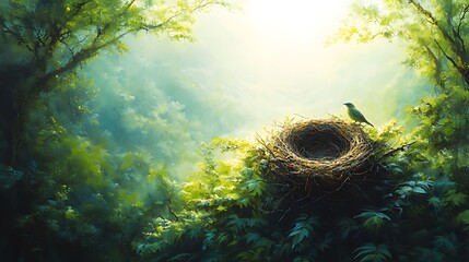 Wall Mural - A small bird sits on a nest in a lush, green forest with sunlight streaming through the trees.