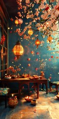 Wall Mural - A room with a blue wall and a table with a lamp on it. The lamp is lit and there are many candles on the table