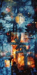 Wall Mural - A Christmas tree with a lantern hanging from it. The lantern is lit and the tree is covered in snow