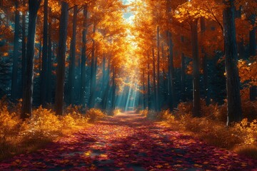 Autumn Forest Path with Sunbeams