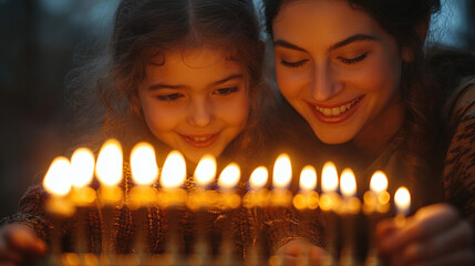 A mother and daughter sharing a joyful moment by candlelight, embodying warmth and family bonding during festive celebrations.