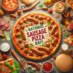 National sausage pizza day background  illustration 