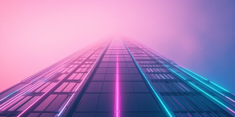 Synthwave skyscraper with neon elements, displayed against a clean white background for a minimalistic effect.