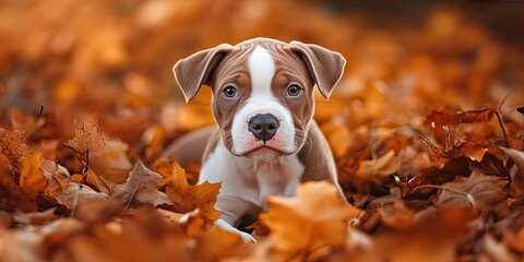 Poster - pit bull puppy in the fall -