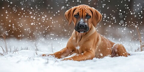 Poster - rhodesian ridgeback puppy in the winter snow