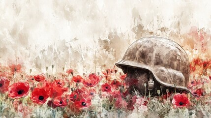 Poster - Artistic depiction of a soldier helmet with a backdrop of watercolor poppy flowers, symbolizing peace and remembrance.