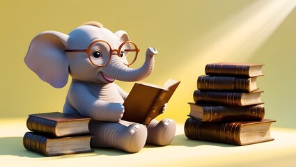 cute elephant read book wearing glasses with pile of book and light yellow background