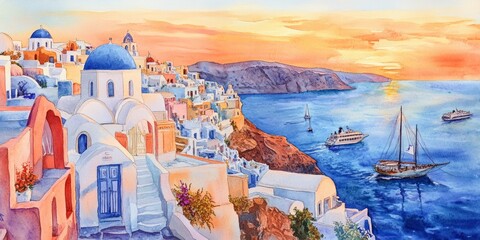 Sticker - Breathtaking sunset view over the stunning coastal village. The brightly colored buildings harmoniously blend with the serene blue sea. A beautiful art piece capturing tranquility and charm. AI