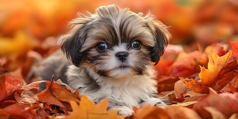 Poster - shih tzu puppy in the autumn leaves