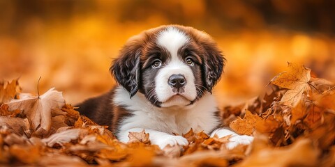 Poster - st bernard puppy in the autumn leaves