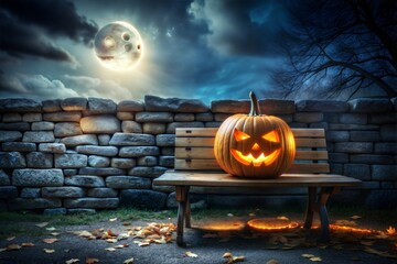 A scary spooky glowing carved halloween pumpkin lantern, Jack O' Lanterns, on the left of a wooden product display bench on a scary halloween night with a dark stone wall background lit from above.