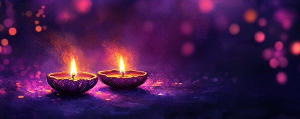 Lit diya traditional oil lamp on colorful abstract rangoli background. Deepavali, Diwali. Hindu festival of lights. Template with copy space for greeting card, banner, poster for Indian holidays