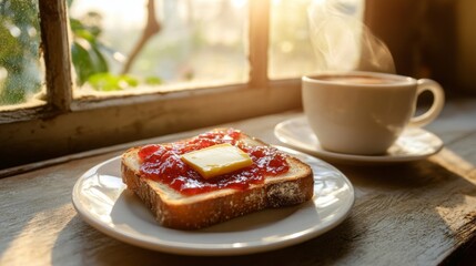 Poster - Warm Breakfast with Toast and Coffee by Window