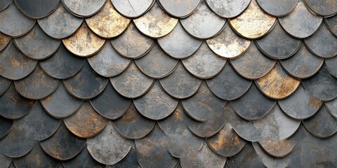 Wall Mural - Aged metal roof shingles with a fish scale pattern.