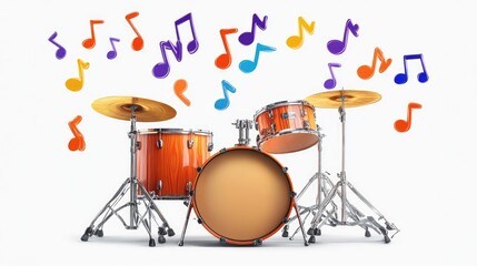 A drum kit with vibrant musical notes floating above it, set against a transparent white background for PNG use.