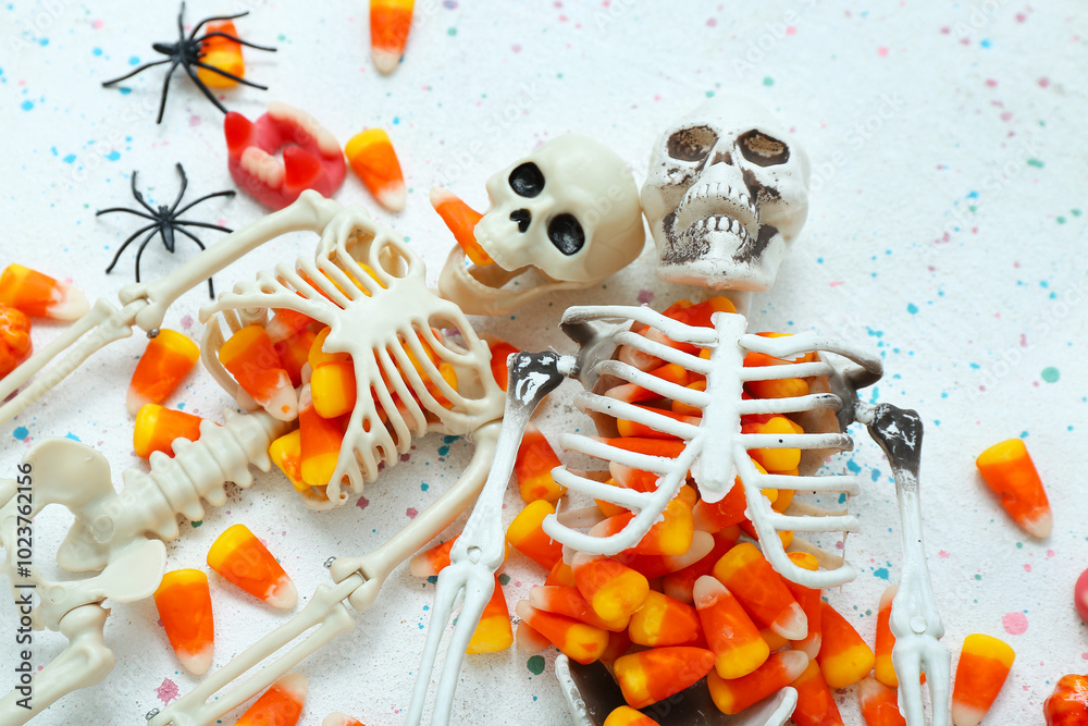 Tasty Halloween candy corns and skeletons on light background, closeup