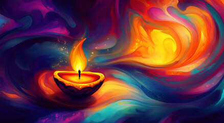 Lit diya traditional oil lamp on colorful abstract rangoli background. Deepavali, Diwali. Hindu festival of lights. Template with copy space for greeting card, banner, poster for Indian holidays