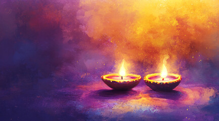 Lit diya traditional oil lamp on colorful abstract rangoli background. Deepavali, Diwali. Hindu festival of lights. Template with copy space for greeting card, banner, poster for Indian holidays