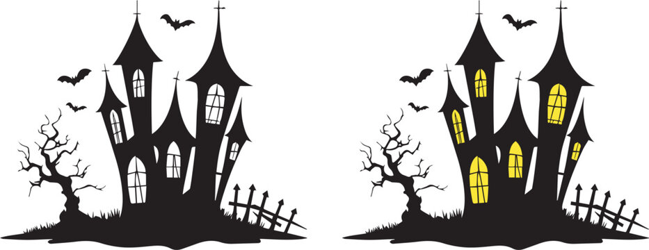 Gothic haunted house halloween cartoon vector concepts. Spooky dark creepy ghostly eerie Halloween illustration featuring a haunted house with bats. Silhouette of a castle vector