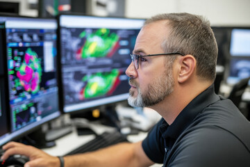 meteorologist monitoring weather forecast at monitor screen. man monitors formation of dangerous hea