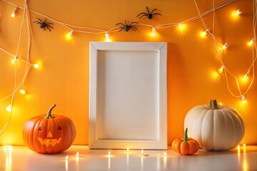 White empty frame in orange solid color studio scene white lights. Halloween background. Product display mockup design.