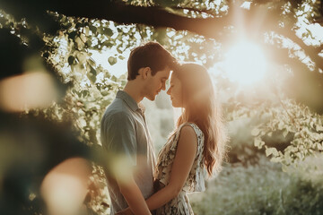 Couple standing under a tree, holding hands and looking into each other's eyes. Generative AI