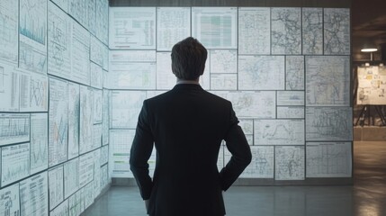 Poster - A business professional analyzes data on walls filled with charts and graphs.