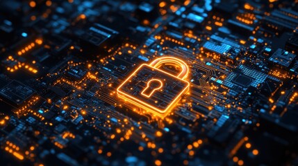 Poster - A glowing lock symbol over a circuit board, representing cybersecurity and digital protection.