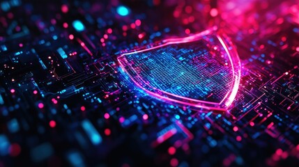 Poster - Digital shield symbolizing cybersecurity in a vibrant, high-tech environment.