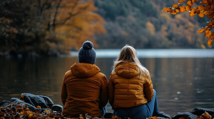 couple sitting by a lake in autumn, wearing cozy jackets