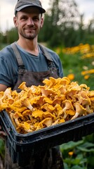 A farmer holding an open plastic crate full of golden yellow chanterelle mushrooms