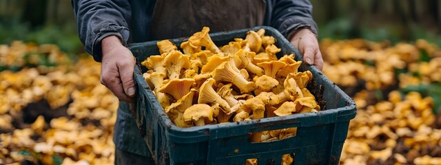 A farmer holding an open plastic crate full of golden yellow chanterelle mushrooms