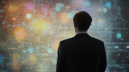 Poster - A person in a suit observes a colorful, data-driven digital display.