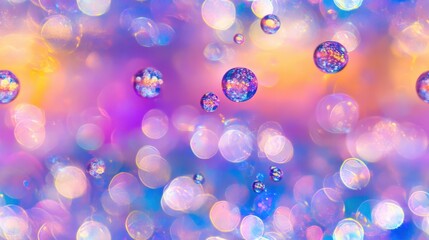 Wall Mural - seamless pattern of transparent bubbles floating over a vibrant rainbow-colored background, creating