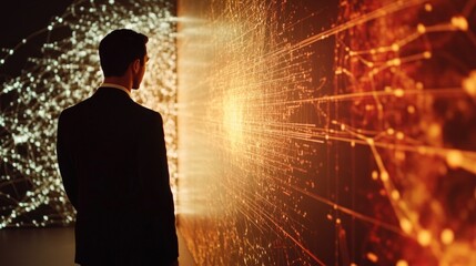Poster - A person in a suit observes a vibrant digital display of interconnected data points.
