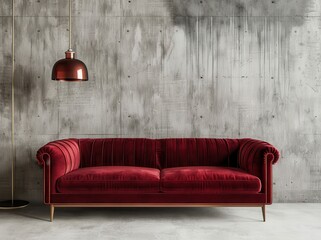 A luxurious red velvet sofa sits in front of a concrete wall, with a pendant lamp hanging overhead. The room is minimalistic and modern