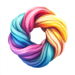 Colorful twisted circular abstract shape with gradient shades of blue, pink, purple, and yellow on a white background. Digital 3D-style illustration with vibrant, flowing textures.