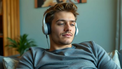 A young man relaxing with headphones in a cozy home setting