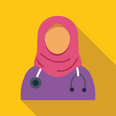 Sticker - Muslim female doctor wearing pink hijab and purple clothes flat vector illustration